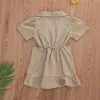 2020 Summer Toddler Baby Girls Dresses Solid Short Sleeve Lapel midja Hollovera ut klänning Fashion Ruffle Outfits Kid Clothing