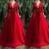 Fall Winter Red Hand Made Flowers Crystal Beads Evening Celebrity Dresses Long 2020 Bateau Long Sleeve Detachable Train Special Occasion