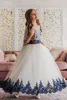 Neues elegantes Ballkleid-Blumenmädchenkleid, schulterfrei, kurzärmelig, Tüll-Spitze-Applikation, Hochzeitskleid, knöchellang, für den Geburtstag des Mädchens