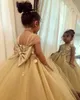 2019 Gold Girls Pageant Dresses Square Neck Lace Appliqued Big Bow Cute Flower Girls Dress Modest A Line Kids Party Gowns