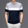 Hit Color Knitting Tshirt Hot Mens Short Sleeve Summer Fashion Casual Round Neck Loose Tops Middle-aged Thin Mulberry Silk Clothing