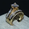 Joyería choucong de lujo 7*7mm corte princesa 15ct 5a zircon 2 en 1 anillo 14KT oro amarillo relleno anillo de boda anillo dedo para mujer
