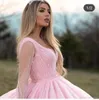 Luxus Arabisch Dubai Rosa Ballkleid Quinceanera Kleider Sheer Langarm Perlen Pailletten Lange Schleppe Süße 16 Kleid vestidos de quinceañera