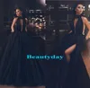 Svarta aftonklänningar för kvinnor som bär promklänning halter Backless Middle East Dubai Caftan fickor Arabiska Party Gowns High Split Tulle Pleats