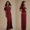 2019 Moda Saten Gelinlik Modelleri Jewel Boyun Kısa Kollu Bölünmüş Ön Kat Uzunluk Abiye Özelleştirilmiş Bir Çizgi Parti Törenlerinde