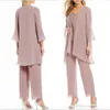 Rose Pink Mother of the Bride Pants Suits Chiffon Mother of The Bride with Jacket Lady For Wedding Party Bridal Evening Wear223P