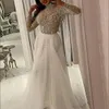 Vestidos de fiesta una línea Sexy cristal árabe blanco tul manga larga para mujeres vestido de noche Formal de talla grande tren de barrido
