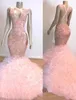 Real Image Vintage Pink Mermaid Prom Dresses Long V Neck Tiered Ruffles Skirt Event Lace Applique Evening Dress Party Gowns