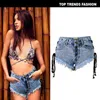 Women's Jeans summer high waist buckle worn out double side straps ladies denim shorts pants plus size