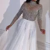 Prom Dresses A Line Sexy Crystal Arabic White Tulle Long Sleeve For Women Formal Evening Dress Plus Size Sweep Train