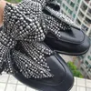 Retro Äkta Läder Fur Slipper Kvinnor Rund Toe Rhinestone Diamond Bowtie Utsmyckad Flat Skor Flip Flop 35-40