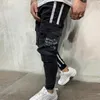 Erkek Kot Monerffi Erkekler Siyah Mektup Baskılı Cep Jogger Denim Pantolon Hip Hop Tasarım Pantolon Şerit Kalem Pantolon Erkek Streetwear