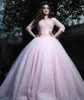 Sweety Light Pink 2020 Quinceanera Ball Suknie Vestidos de Noche Pół Rękawy Bateau Koronki Kryształowe Koraliki Prom Dress For Sweet 16 Girls