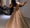 Gorgeous Rose Gold Sequined Prom Dresses 2019 V Neck Sparkling Sequin A-line Backless Evening Party Gowns Robe De Soiree BM0246