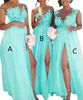 2023 Fashion Pink A Line Chiffon Bridesmaid Dress Lace Applique Prom Dress Illusion Neck High Slit Beach Formella aftonklänningar Part2513