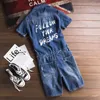 Streetwear Denim Bib Overall Shorts Men Washed Shorts Jeans Jumpsuit Letters Printed Casual Short Sleeve Suspender Short Pants