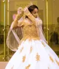 2020 New Luxury African A Line Wedding Dresses Off Shoulder Gold Lace Applique Beads Illusion Long Sleeves Backless Court Train Bridal Gowns