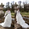 Vintage Wedding Dresses High-neck Sheer Long Sleeve Appliqued Bridal Gown Sweep Train Tiered Chiffon Custom Made Robes De Mariée Cheap