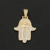 Pingente de mão hamsa de zircônia gelada, material de cobre, ouro e prata, colar de palma de fatima, joias de hip hop para homens e mulheres 2653