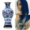 Cheia Do Laço Perucas de Cabelo Humano Pré Arrancado Remy Cabelo Brasileiro Azul e branco estilo de porcelana Onda natural Peruca de cabelo humano da parte dianteira do laço