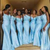 Aso Ebi 2020 Sky Blue Mermaid dama de honra vestidos de rendas frisado hóspedes vestidos de cetim barato formal do partido Evening Prom vestidos ZJ335