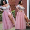 Pink Plus Size Prom Dresses Off Shoulder Beads Long Sleeves Sequins Tulle Cocktail Party Gowns Floor Length Side Split Short Evening Dresses