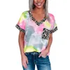 Leopard Tie Dye Shirt Women Casual Summer Colorful Patchwork V Neck Short Sleeve Pocket Girls Tops Tees LJJO79504363989