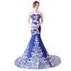 Sexy Mermaid Trailing Cheongsam women Oriental party Dress Chinese Style Blue and white porcelain pattern Qipao Vestidos