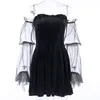 Girls Gothic Dark Style Lolita Pleated Dress Transparent Mesh Sleeve Patchwork Ruched Bodycon Women High Waist Club Outfits