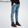 Fashion-Mens Skinny Jeans Homens Decolagem Afligido Magro Elástico Jeans Denim Biker Jeans Hip Hop Calças Lavadas Pleated Jean Blue