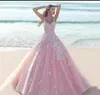 Abiti da sposa arabi sauditi rosa 2018 con fiori Principessa Puffy Scoop Abiti da ballo da sposa Tulle Appliques Abiti da sposa robes de soir￩e