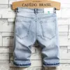 2020 Summer New Light Blue Denim Shorts Non-mainstream Men's Straight Loose Large Size Five-point Hole Patch Shorts Letter Print Pants