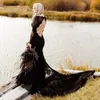 Vintage svart gotiska sjöjungfru bröllopsklänningar långa ärmar spets boho öppen rygg bohemiska land bröllop klänningar brudklänningar1012708