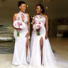 두 스타일 나이지리아 아프리카 인어 신부 들러리 드레스 플러스 사이즈 비즈 아플리케의 하녀 명예 측면 슬릿 웨딩 게스트 드레스