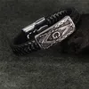 Punk zwart echte lederen vrijmetselaar Mason Symbolen Link ketting Bracelet Hoge kwaliteit Mode heren 316L roestvrijstalen Vrijmetselaars Bangle armband sieraden