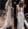 V Neck Cap Sleeves Mermaid Wedding Dresses Bohemian Lace Country Rustic Bridal Gowns Sexy Backless Slim Boho Bride Second Reception Dress Robes de Mariee AL3184