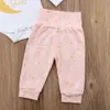 Neugeborenes Baby spielt Mond Buchstabedruck Kleidung Spielanzug Hosen Stirnband 3pcs Set rosa Outfits Langarm-Kleinkind-Baby-Bekleidung 0-24M