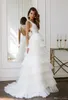 Lindo bolo branco vestidos de noiva V Neck Lace apliques em camadas de tule casamento oco Voltar Trem da varredura Bohemian vestido de casamento vestidos de noiva