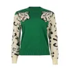 Ny tröja för kvinnor kontrast färg mosaik leopard mönster långärmad tröja Kvinnors stickade ärm casual lös o-hals höst