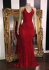 Real Image Red Gorgeous Glitter Sequins Prom Klänningar 2019 Mermaid Halter V Neck Sexig Evening Kappor Sweep Train Long Party Dress High Quality