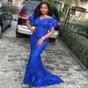 Africano Royal Blue Formal Mermaid Vestidos v pescoço 2019 Alças Lace frisado apliques de Senhoras Plus Size Vestidos Vestidos