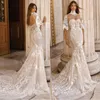 2019 Vintage Berta sirena vestidos de novia con cuello alto Wraps encaje lentejuelas sin respaldo vestidos de novia más tamaño playa Robe De Mariée