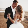 A Line Beach Wedding Dresses Strapless Sleeveless Beadings Appliques Tulle Wedding Dresses Court Train Boho Bridal Gowns