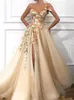 2022 Sexy Split Flowers One One Counter A Line Tulle Prom Dresses Vresses Backless Backed BC0684