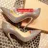 Gratis frakt Mode Kvinnor Pumpar Silver Glitter Point Toe Bride Bröllop Skor Högklackat Äkta Läder Real Photo 12cm 10cm Helt ny