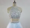 Sky Blue A Line Cocktail Party Dress Two Pieces High Neck Beaded Sexy Backless Prom Gowns Short Homecoming Dress Mini Club Wear