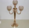 New gold 3 arms crystal beaded balls metal candelabra with flower bowl and hanging acrylic beads for wedding decoration centerpiece best0910