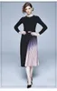 New design women's knitted o-neck long sleeve with belt sashes high waist patchwork chiffon gradient pleated midi long dress