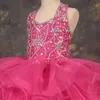 Mooie cupcake peuter kleine meisjes pageant jurken baljurk ruches halter kralen organza bloem meisjes eerste communie jurk