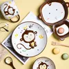 Ensemble de vaisselle en céramique de singe de dessin animé pour enfants enfants en bas âge bébé peint à la main plateau d'alimentation pour animaux assiettes plat bol tasse cuillère